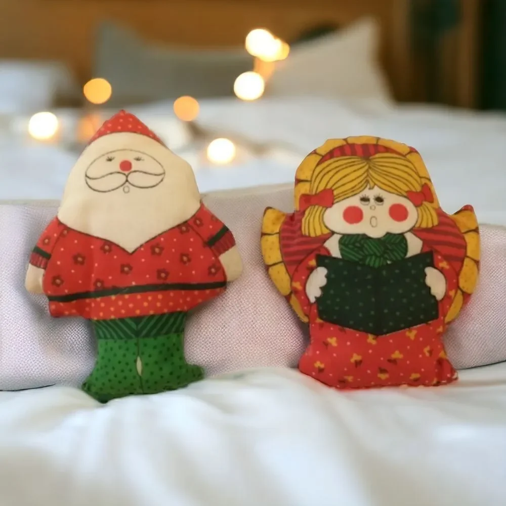 Vtg 80s Christmas Stuffed Ornament Lot‎ of 2 Fabric Handmade Angel Santa Claus.